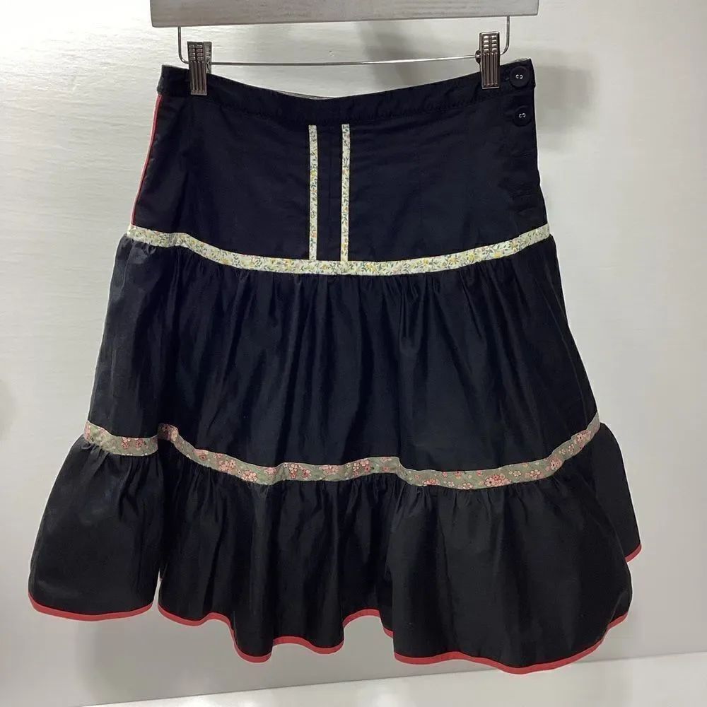 Elevenses Anthropologie Black Floral Trim Lined Ruffle Skirt Size 2 New